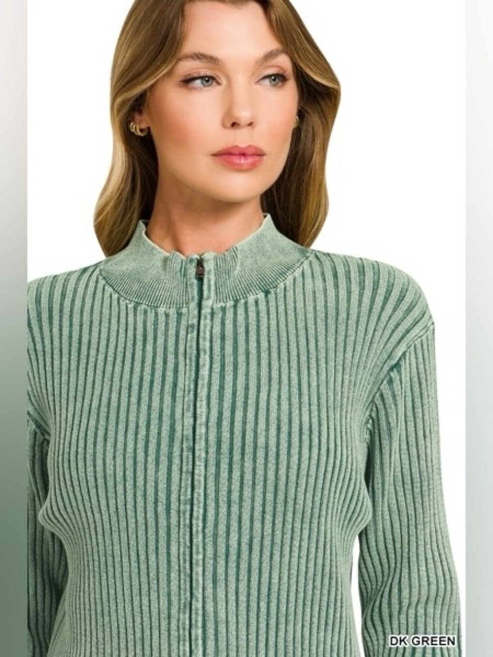 Zenana Dk Green Washed Zip Up Sweater - Picture 7 of 7